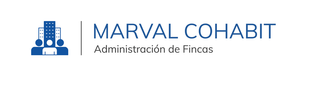 Logotipo de Marval Cohabit, Administración de Fincos, con un icono azul de edificios y personas.