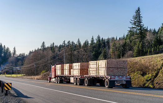 Camión semirremolque rojo transportando madera en una carretera soleada al lado de una ladera boscosa.