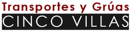 Logotipo para "Transportes y Grúas CINCO VILLAS" en color rojo y blanco sobre fondo negro.