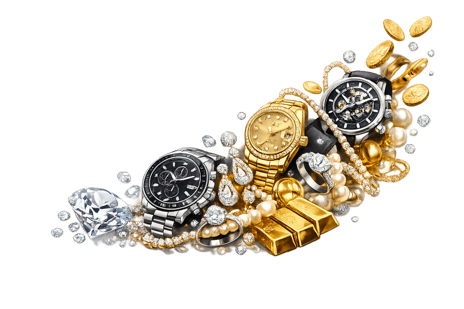 Luxusuhren, Schmuck, Diamanten und Gold in hochwertiger Anordnung – exklusives Sortiment eines Juweliers in Hof