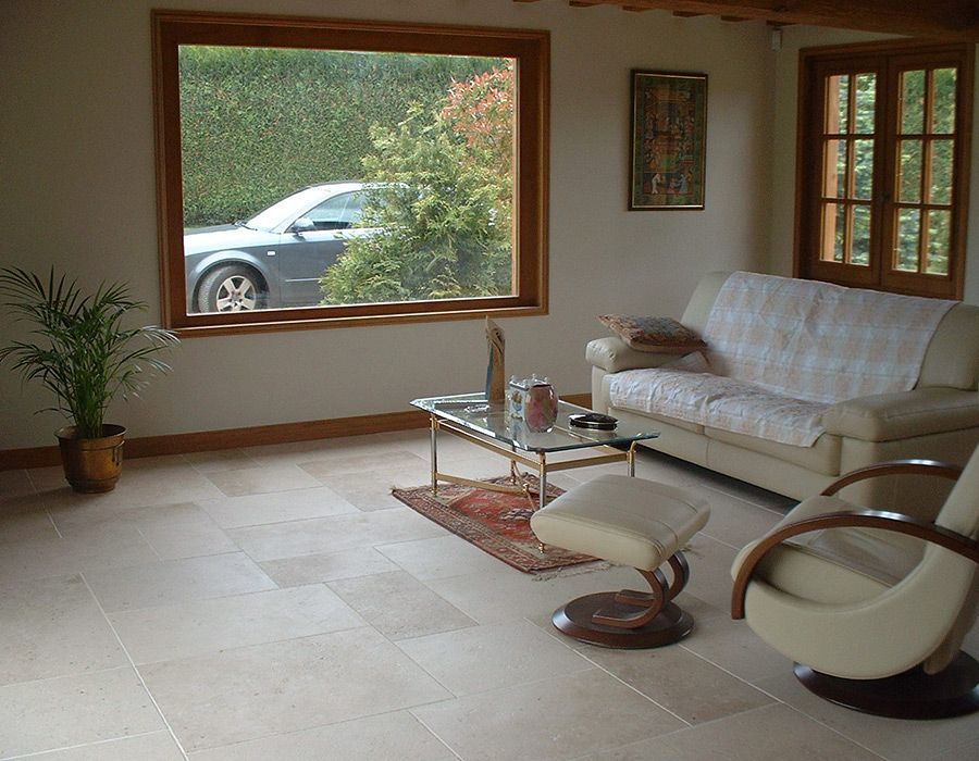 Salon lumineux avec canapé, fauteuil moderne, tapis, plante et grande fenêtre donnant sur une voiture garée.