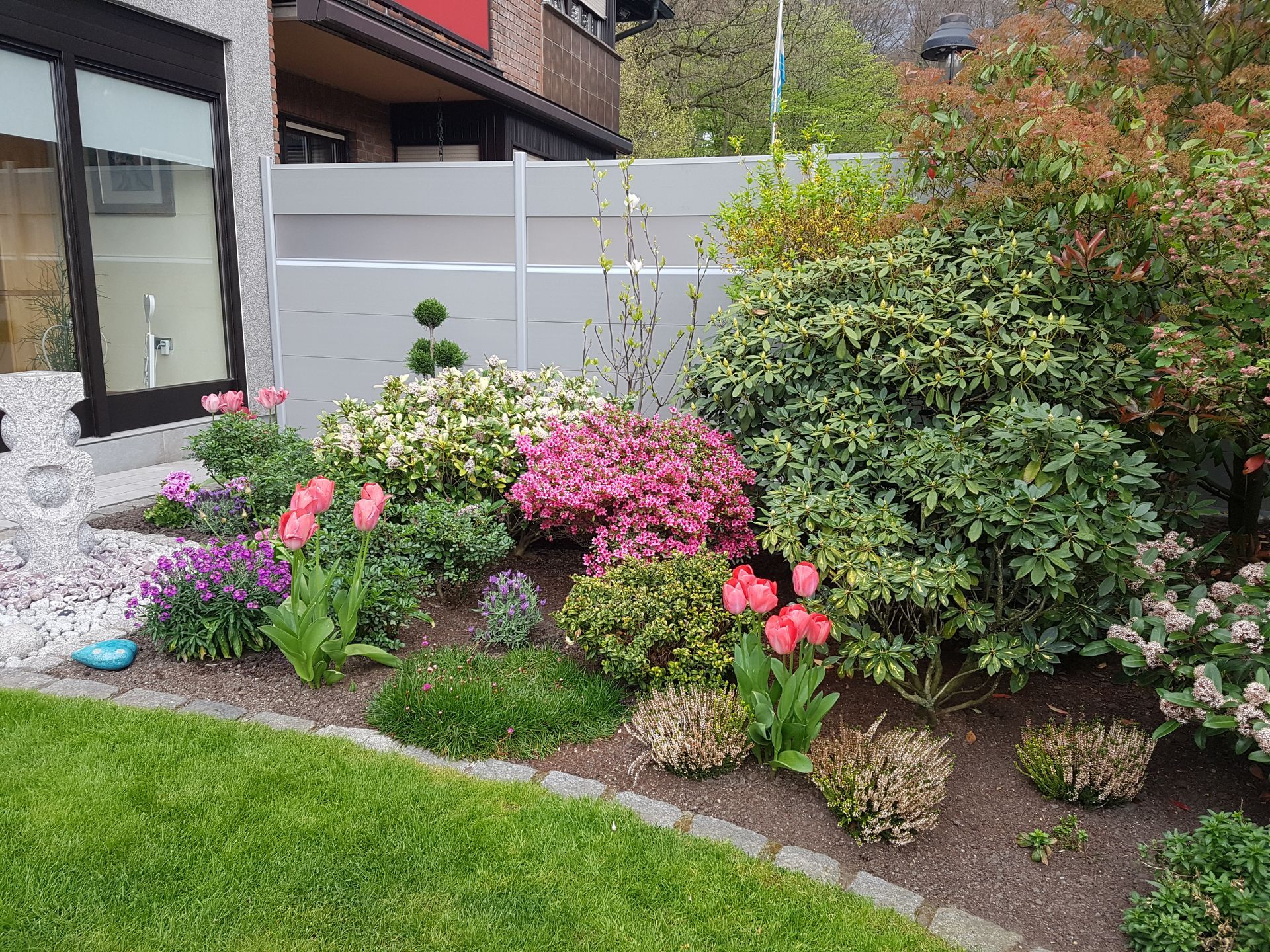 Ein farbenfrohes Gartenbeet mit Tulpen, Sträuchern und grünem Rasen neben einem Gebäude mit einem weißen Zaun.