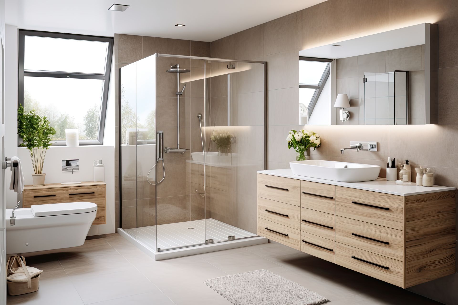 Salle de bains moderne, douche et toilettes suspendues