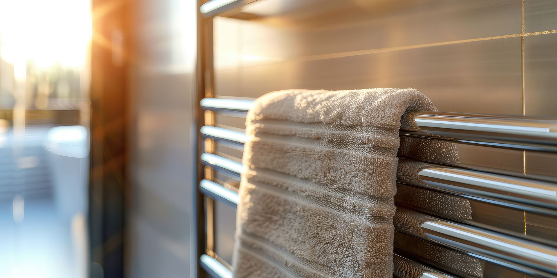 Une serviette blanche drapée sur un porte-serviettes chauffant chromé dans une salle de bains ensoleillée