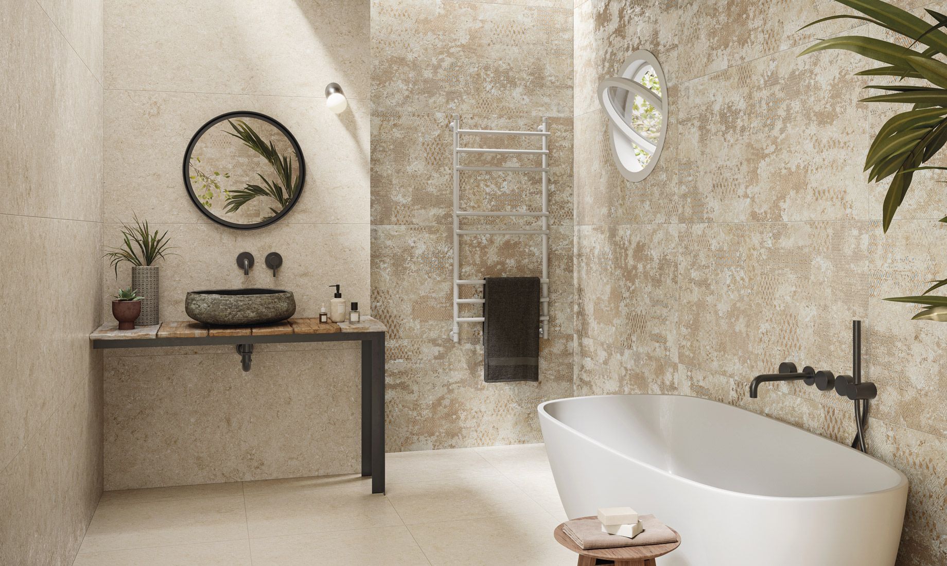 Salle de bains moderne beige avec baignoire îlot, miroir rond, meuble-lavabo et paroi de douche carrelée