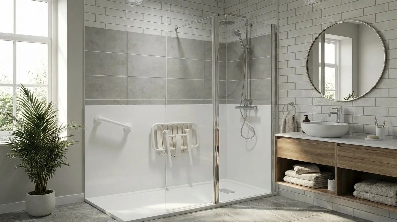 Salle de bains moderne avec douche en verre, carrelage gris, miroir rond et meuble-lavabo en bois.