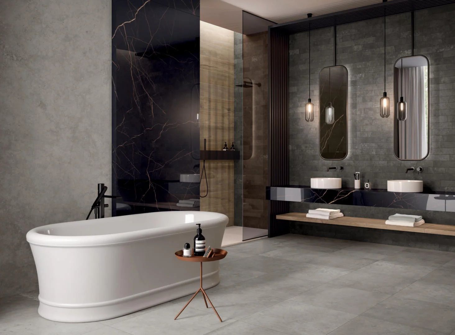Salle de bains moderne et luxueuse avec baignoire îlot, meuble-lavabo et murs en pierre sombres
