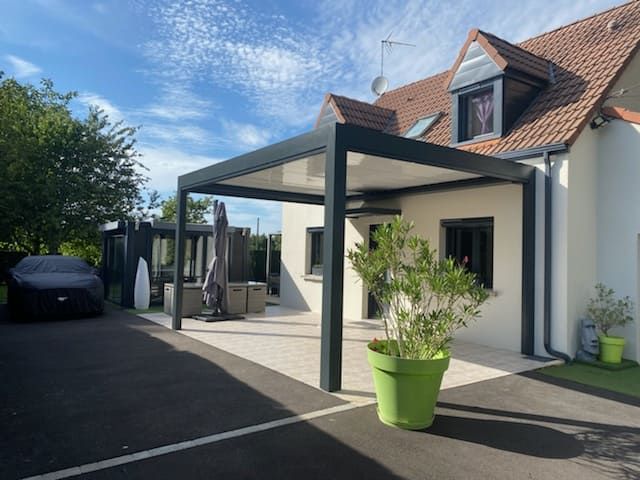 Pergolas noire avec maison classique et plante dans un pot vert