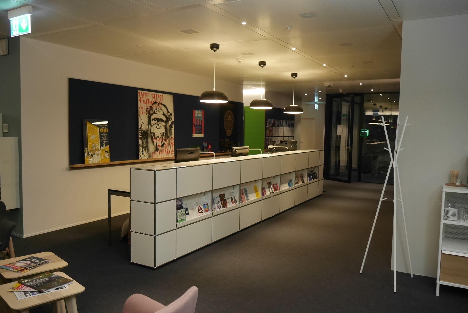 There is a long counter in the middle of the room.