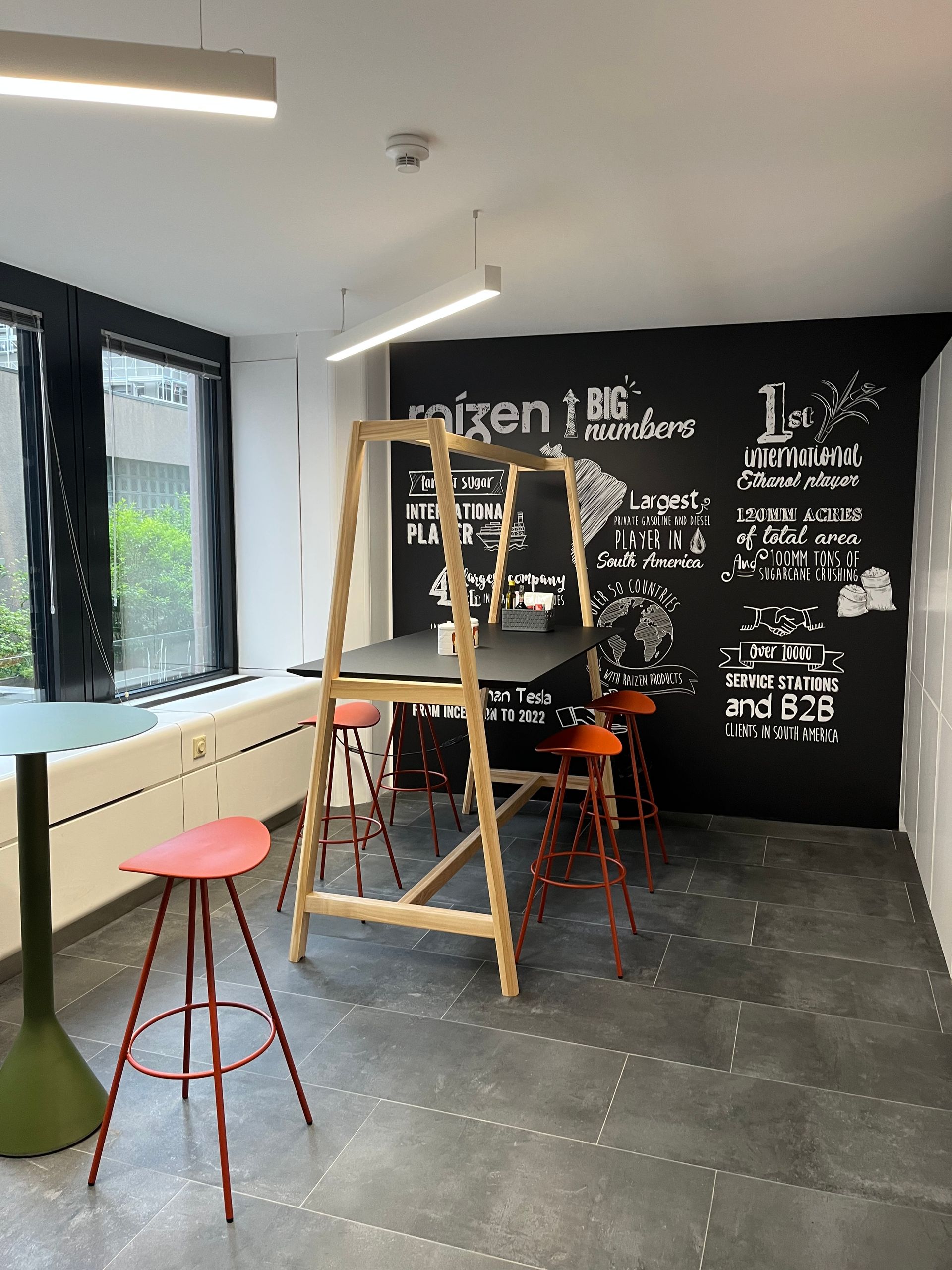 A room with a table and stools and a blackboard on the wall.