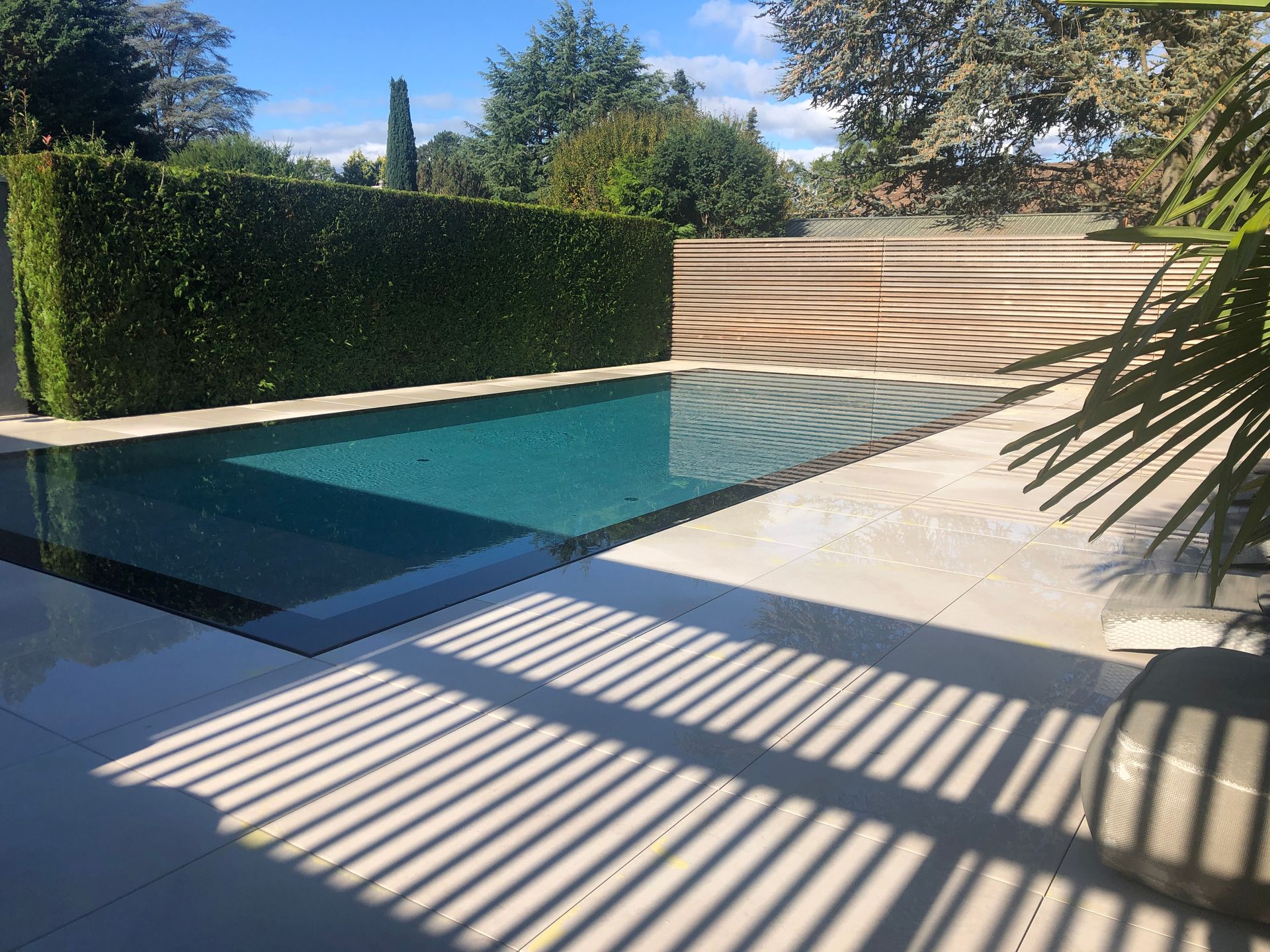 A large swimming pool is surrounded by a lush green hedge.