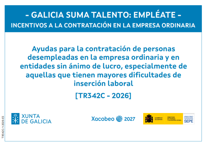Cartel azul y blanco de ayudas “Galicia suma talento” para contratar personas desempleadas en Galicia.