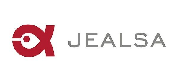 Logotipo de JEALSA con un icono de pez estilizado rojo y el nombre de la marca en gris sobre un fondo blanco.