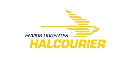 Logotipo de HALCOURIER en amarillo y negro con un icono de pájaro de reparto urgente.
