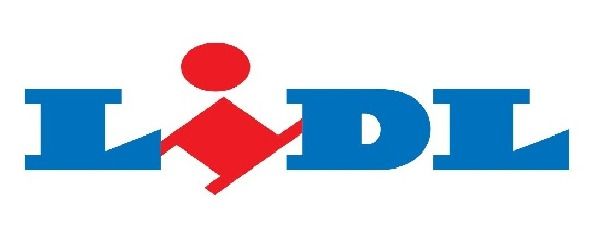 Logotipo de LIDL en azul y rojo con un punto rojo estilizado y forma de diamante.