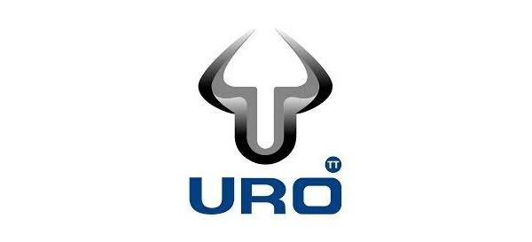 Logotipo de URO con una cabeza de toro estilizada en negro y gris sobre texto azul.