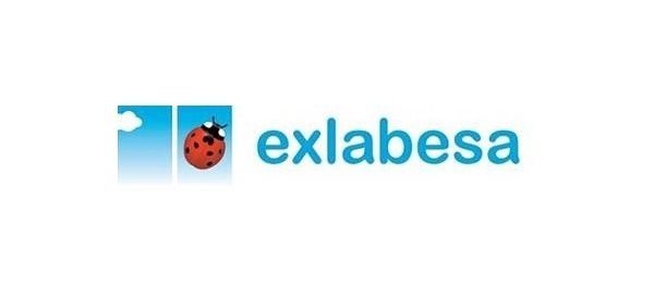 Logotipo de Exlabesa con un icono cuadrado azul y una mariquita roja junto a un texto azul.