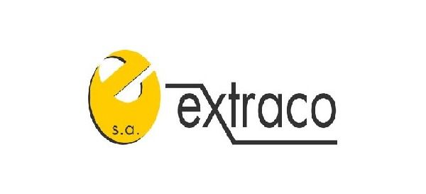 Logotipo de Extraco con un emblema circular amarillo y texto negro en minúsculas sobre fondo blanco.