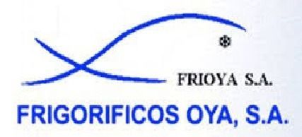 Logotipo de Frigoríficos Oya, SA con líneas estilizadas azules y texto sobre fondo blanco.