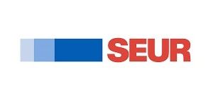 Logotipo de SEUR con barras azules y texto rojo sobre fondo blanco.
