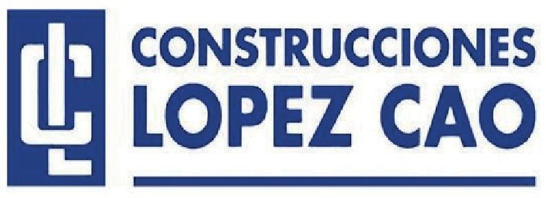 Logotipo de Construcciones López Cao en azul y blanco con un icono CL estilizado y el nombre de la empresa.