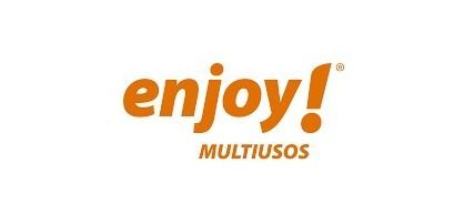 Logotipo naranja “¡Disfruta!” con “MULTIUSOS” debajo sobre un fondo blanco.