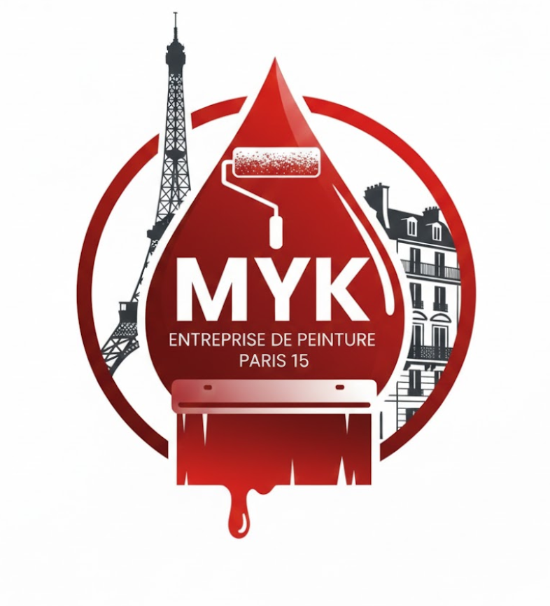Accueil Logo de MYK peinture à Paris avec la tour Eiffel et des bâtiments.
