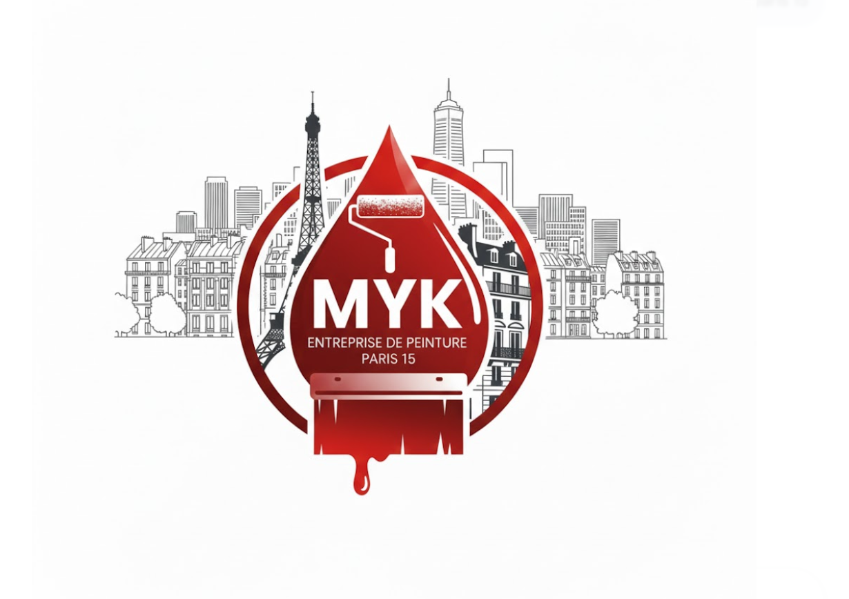 Logo de l'entreprise de peinture MYK avec la tour Effel et des bâtiments.