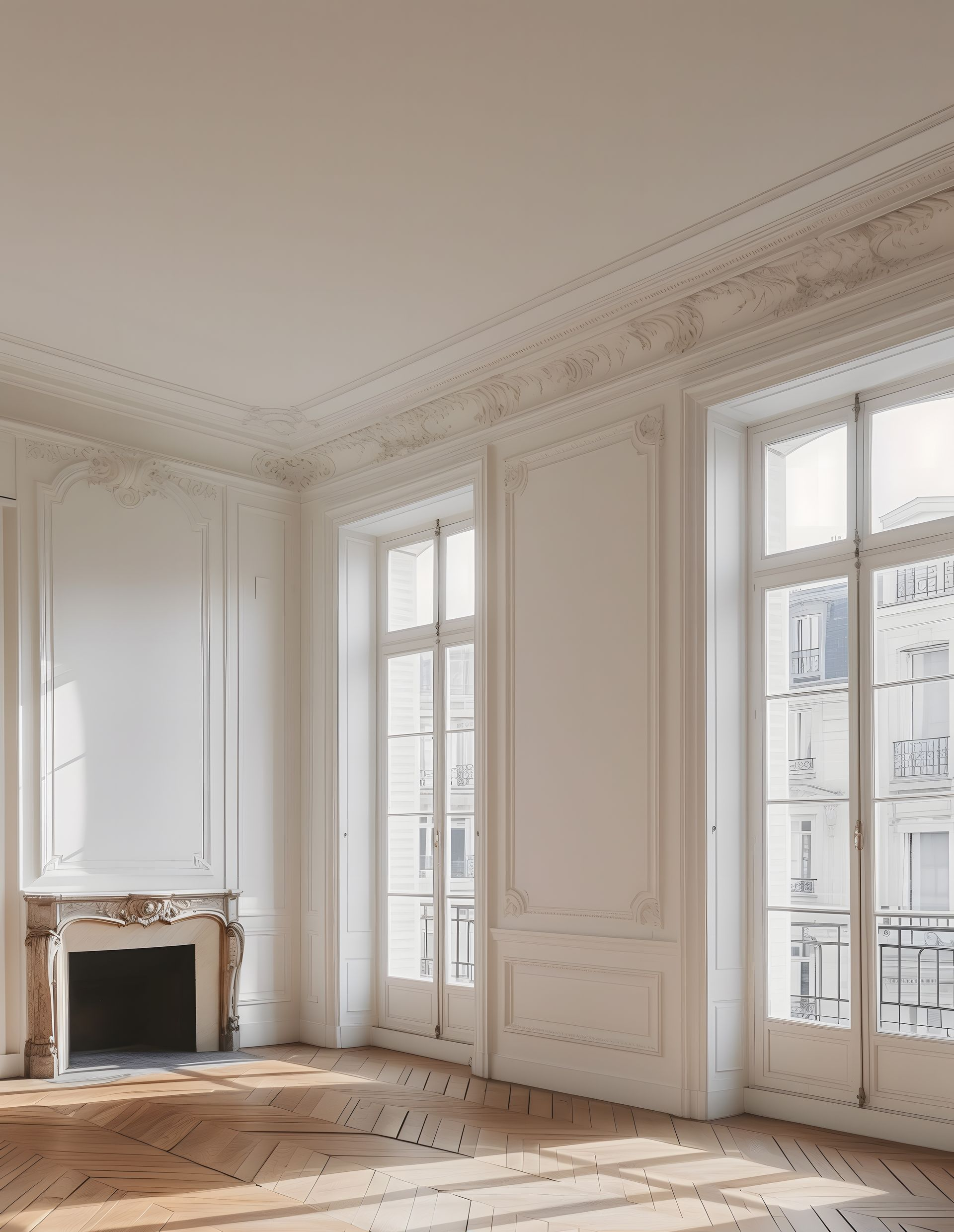 Pièce vide et ensoleillée avec moulures blanches ornementées, deux grandes fenêtres, une cheminée et un parquet.