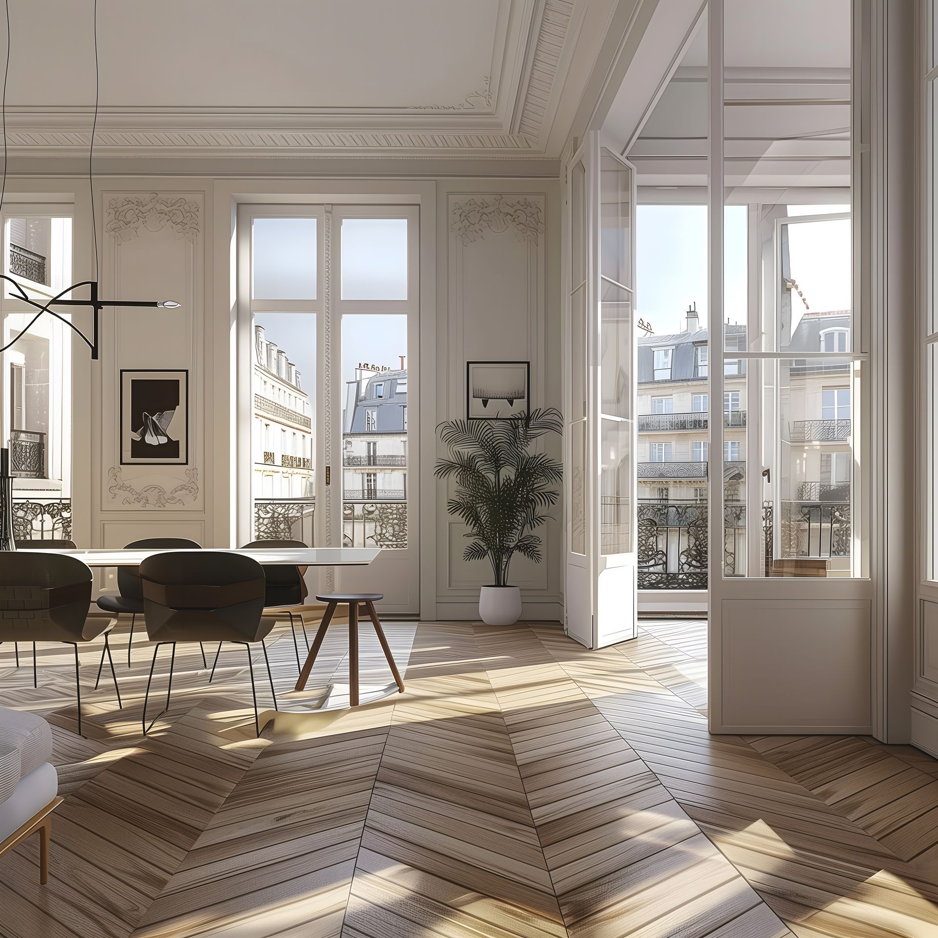 Pièce Lumineuse et élégante avec portes-fenêtres, parquet et table à manger, offrant une vue sur la ville.