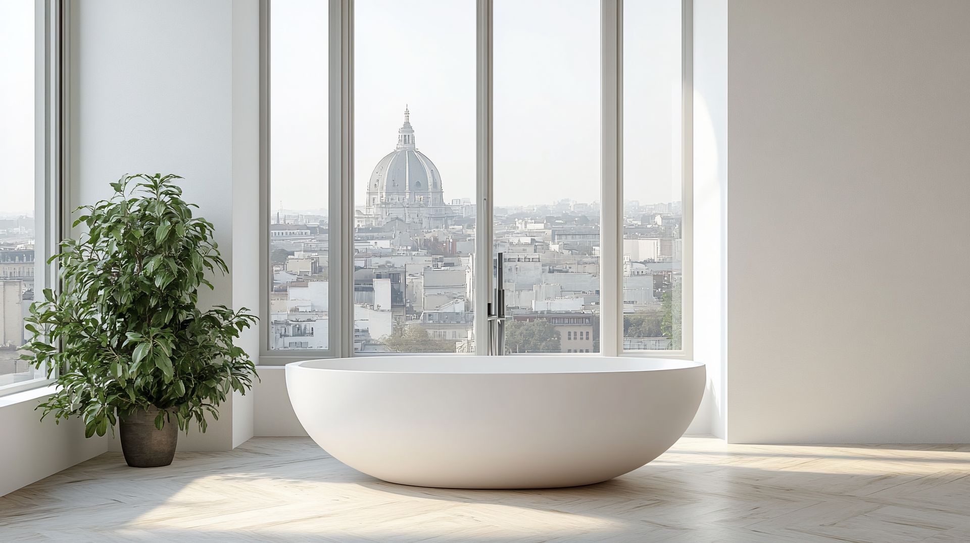 Baignoire blanche près d'une fenêtre donnant sur un paysage urbain, avec une plante en pot sur la gauche.