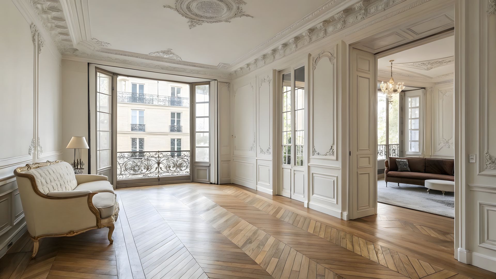 Chambre élégante avec moulures ornementées, parquet en chevrons et grandes fenêtres donnant sur la façade d'un immeuble.