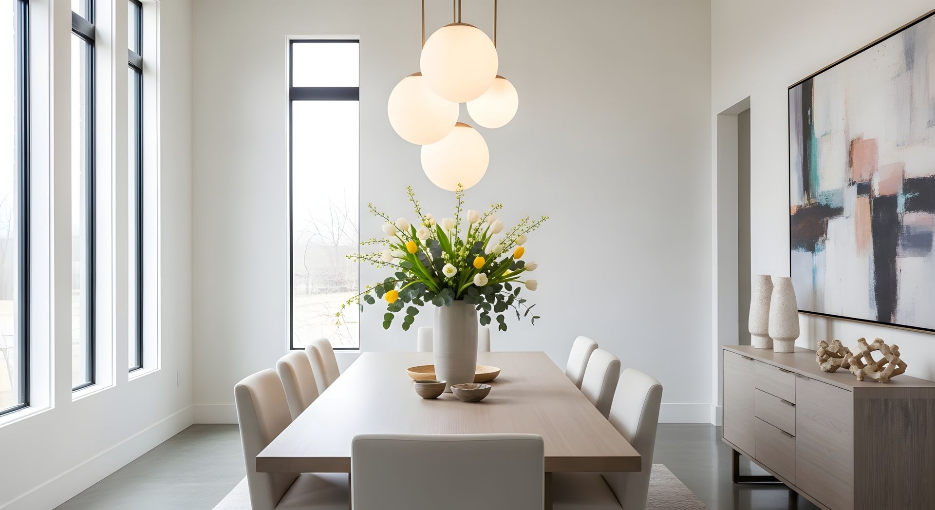 Salle à manger avec grande fenêtre, table, chaises, lustre et centre de table floral.