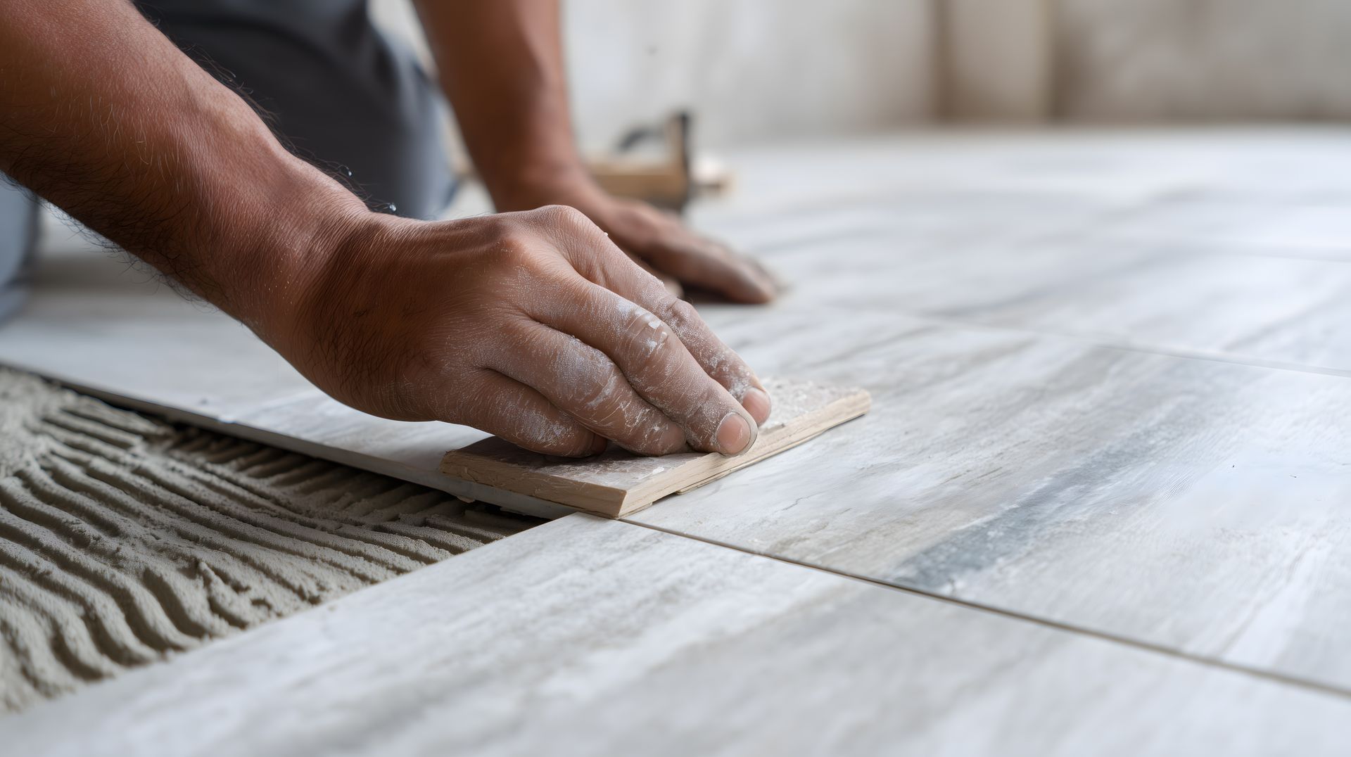 Personne posant des carreaux de sol, utilisant sa main pour poser les carreaux sur le mortier.