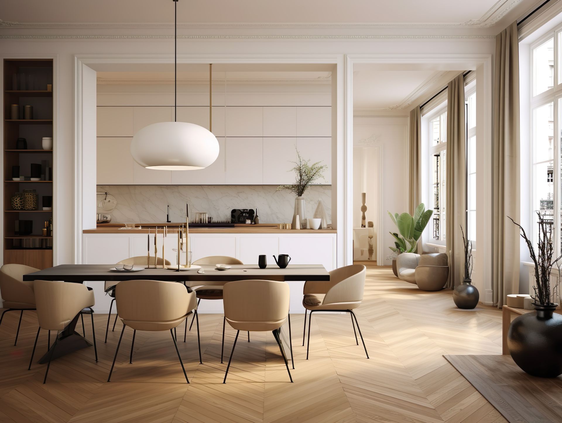 Salle à manger et cuisine ouverte avec parquet clair, une longue table et un grand luminaire suspendu.