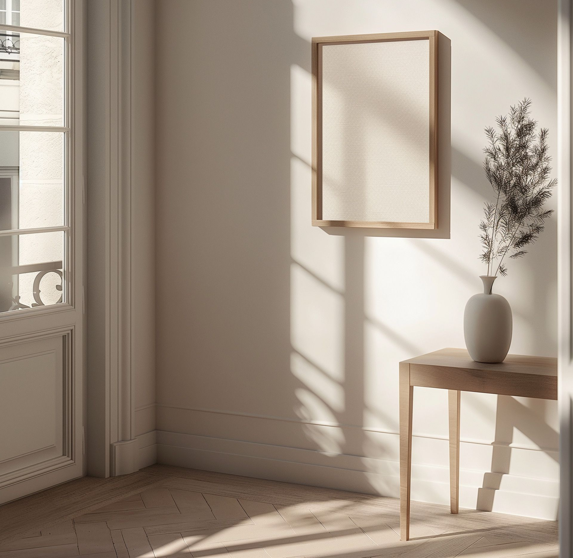 Pièce baignée de soleil avec des tableaux encadrés, un vase de fleurs sur une table en bois et une porte ornée.
