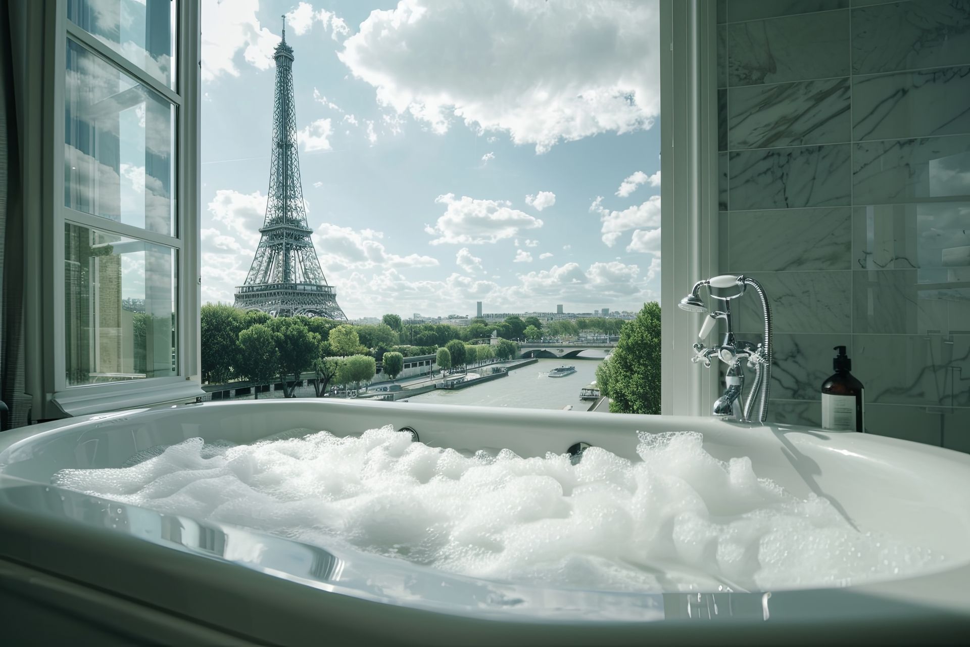 Baignoire remplie de bulles ; la tour Eiffel est visible par la fenêtre ouverte.