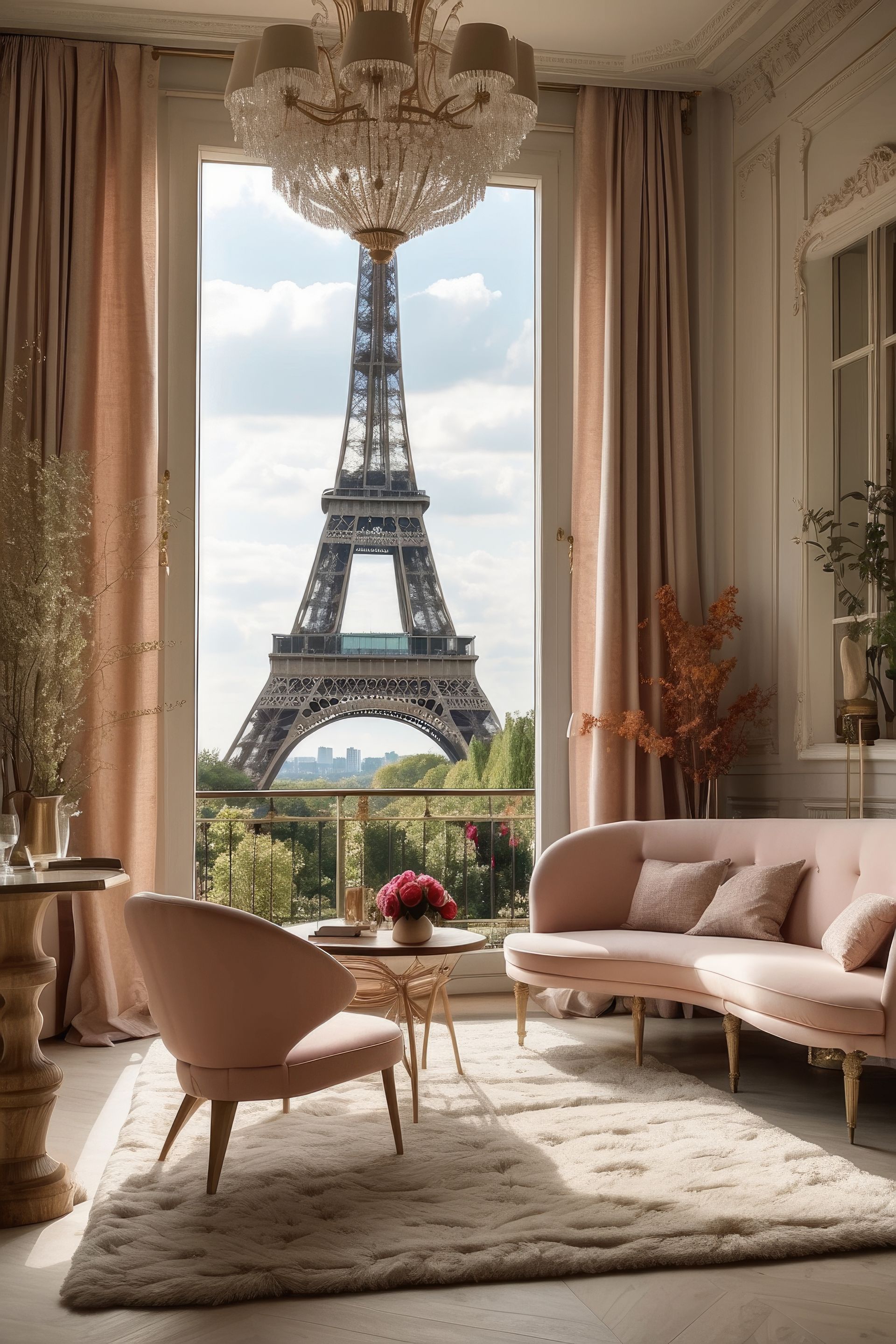 Élégant salon parisien avec vue sur la Tour Eiffel, canapé rose, fauteuil et lustre.