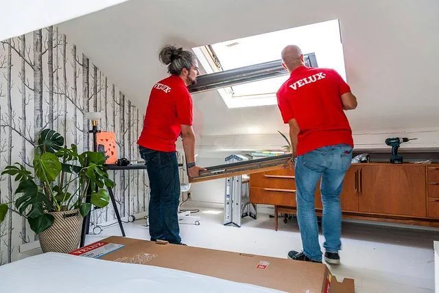 Dos personas instalando un tragaluz VELUX en una habitación con una pared con diseño de árboles y una planta.