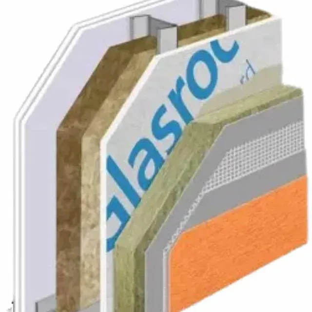 Sección transversal de una pared que muestra capas de aislamiento, revestimiento y materiales de acabado, ilustrando la construcción.