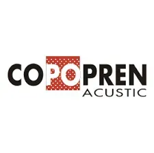 Logotipo para Copopren Acustic: texto negro con un cuadrado estampado en rojo y blanco.
