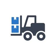 Carretilla elevadora azul y gris oscuro que transporta dos cajas azules.