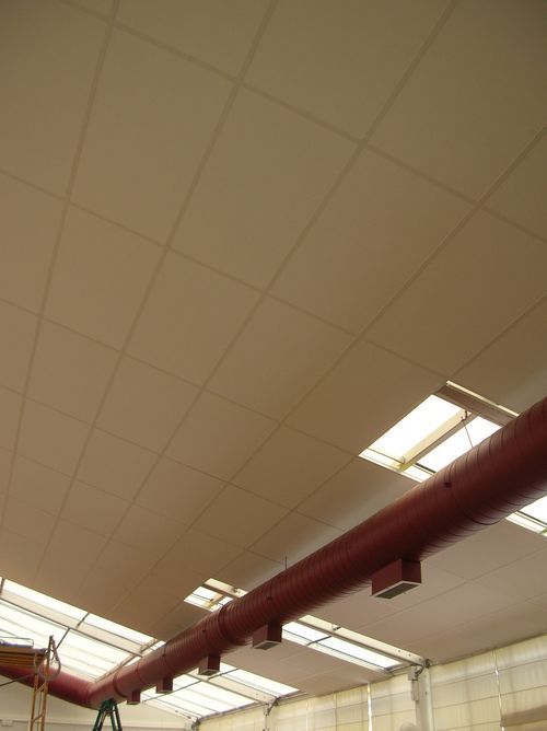 Techo de baldosas beige con tubos rojos, tragaluces y una escalera.