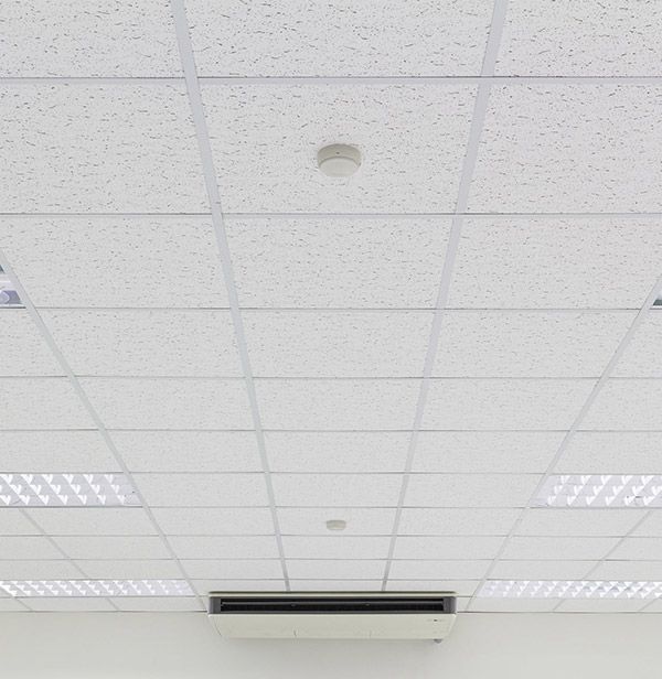 Techo de oficina blanco con rejilla de paneles; incluye luces, un detector de humo y un respiradero.