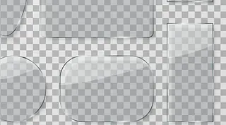 Paneles de vidrio de diversas formas sobre un fondo transparente.