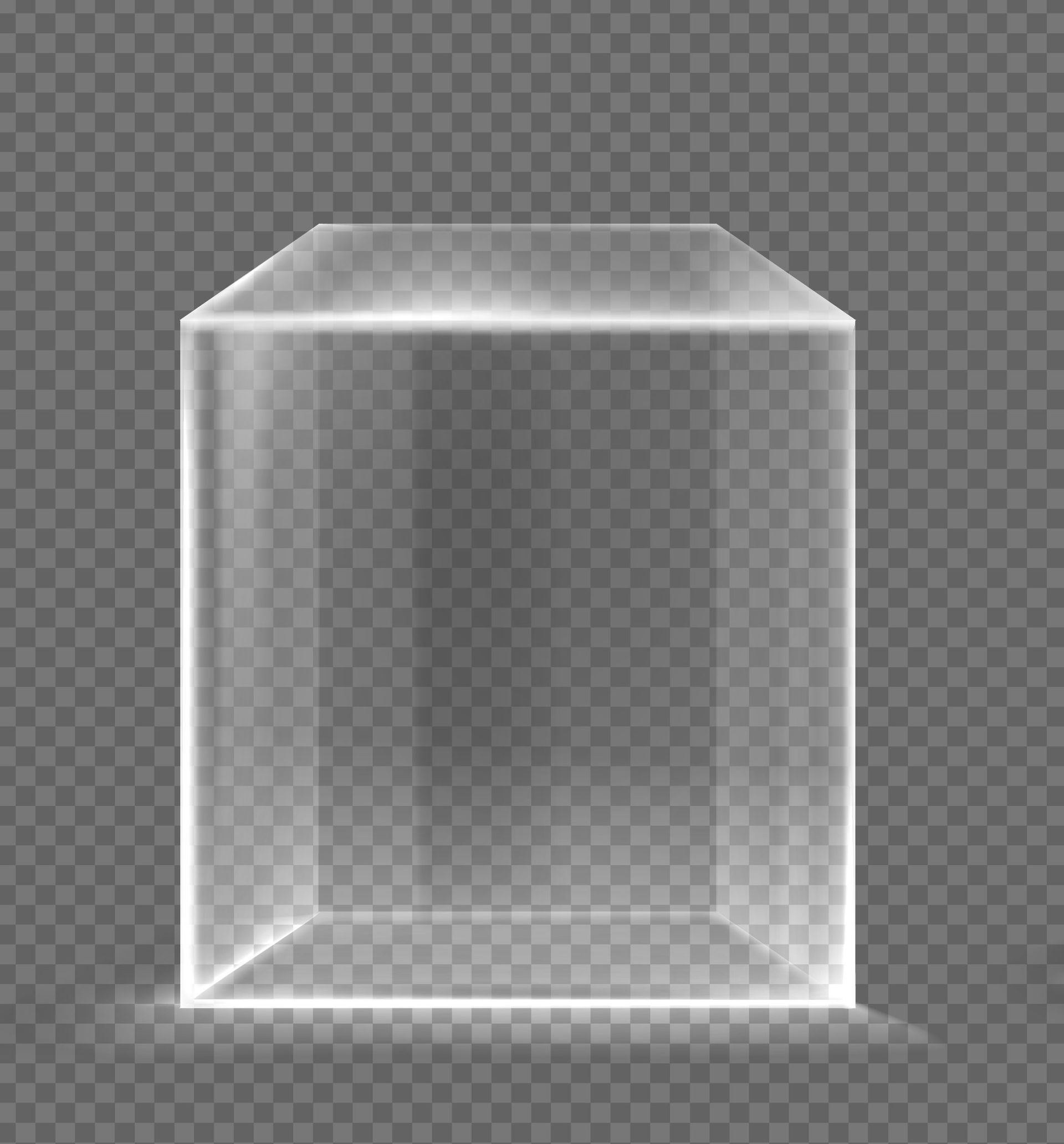 Cubo de vidrio transparente, brillante y vacío sobre un fondo gris a cuadros.