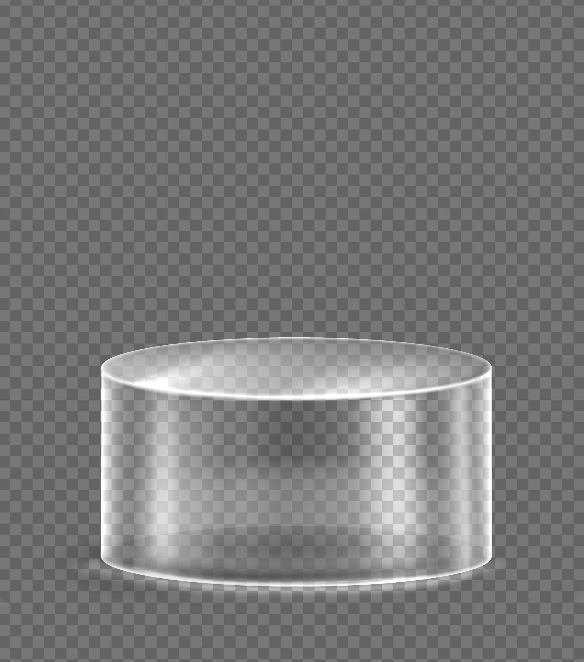 Podio de cristal cilíndrico, transparente y claro sobre un fondo a cuadros.