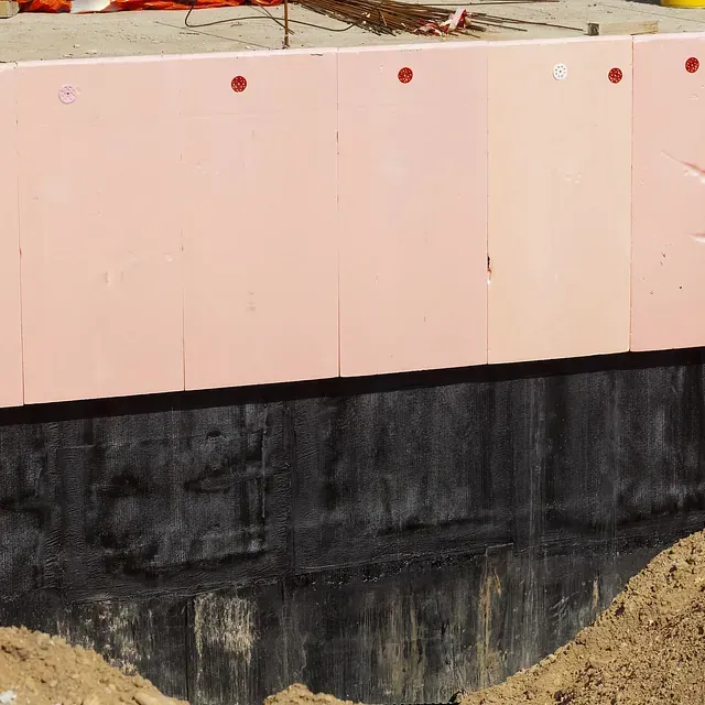 Paneles de aislamiento de color rosa sobre una pared de base impermeabilizada de color negro durante la construcción.