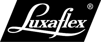Logotipo de Luxaflex, texto blanco sobre un rectángulo inclinado negro; símbolo de marca registrada.