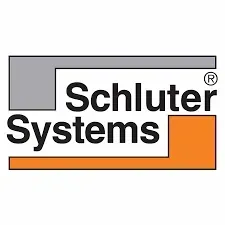 Logotipo de Schluter Systems: mosaicos entrelazados de color gris y naranja con el nombre de la empresa en texto negro.